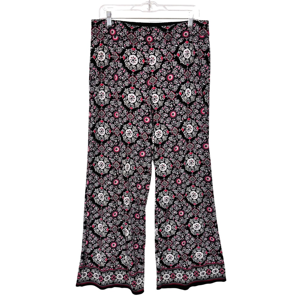 Max Edition Pants Women XL Black Pink Floral Medallion Wide Leg Boho Festival